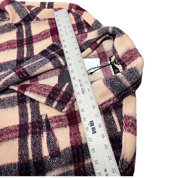 Blank NYC Jacket WMNS M Cream Wool Blend Oversized Burgundy Plaid Trench Teddy - Picture 7 of 12